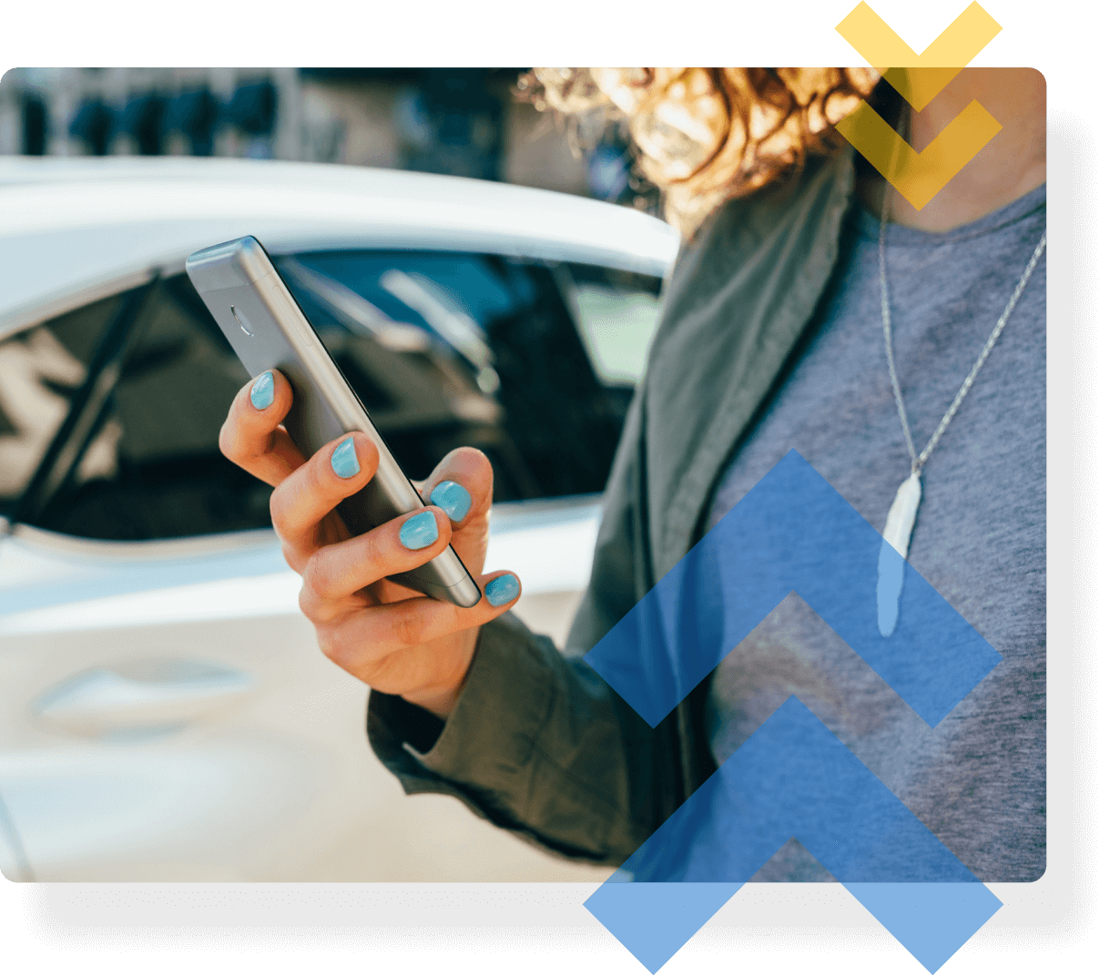 A young woman accesses her residential parking management application from her phone in a car parking lot