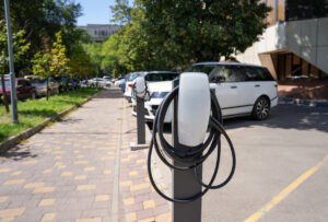 A parking lot with EV chargers available for electric vehicles